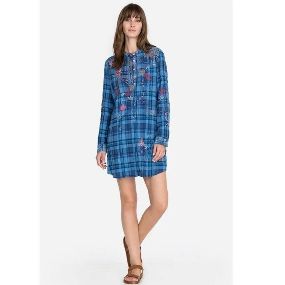 Johnny Was Carmen Henley Shirt Tunic Dress Blue Plaid Small - Picture 2 of 9